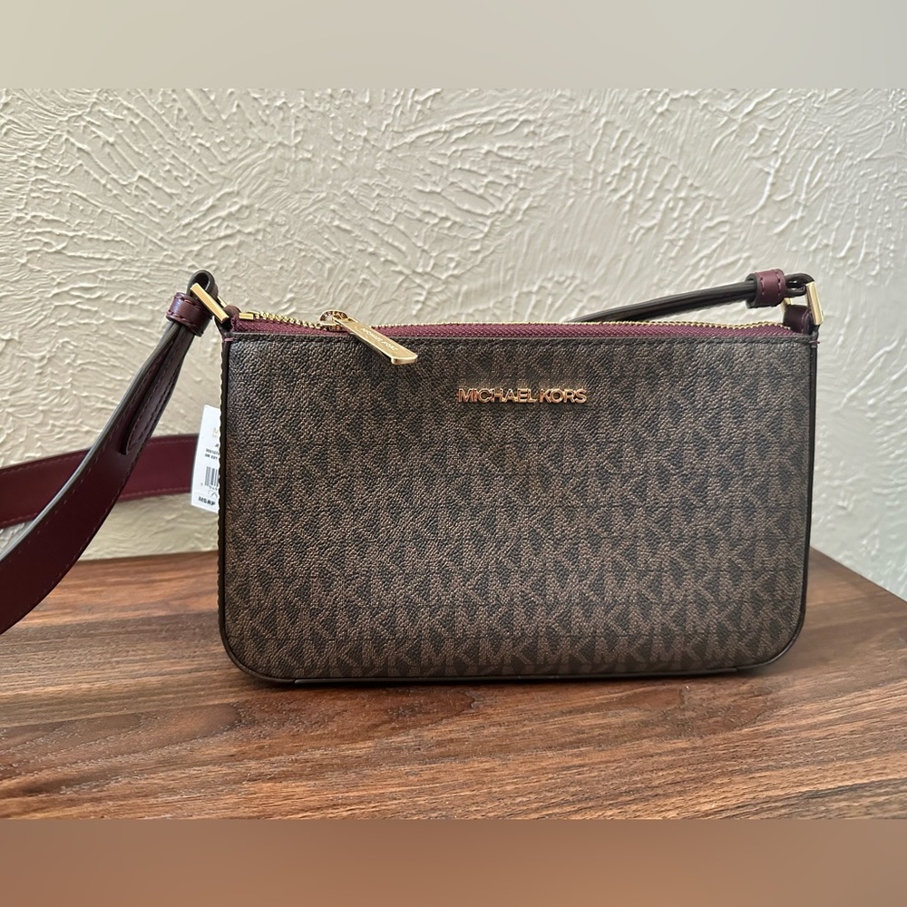 NWT Michael Kors Jet Set Signature Brown/ Merlot Crossbody